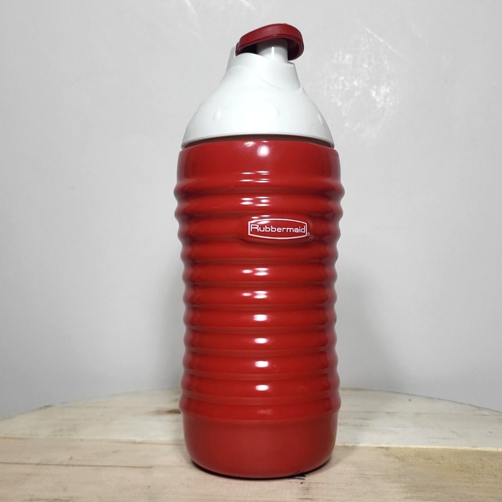 Vintage Rubbermaid Red Ribbed Water Bottle White Lid Flip Top Spout 20oz Tumbler